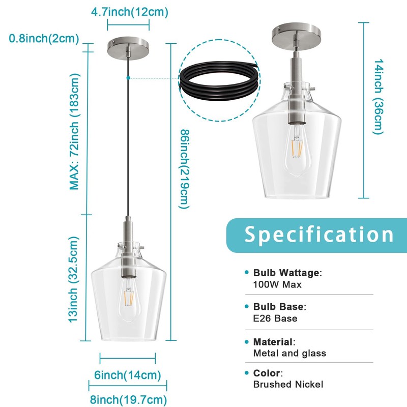 Vaziden Modern Glass Pendant Lighting for Kitchen Island, Farmhouse Nickel
