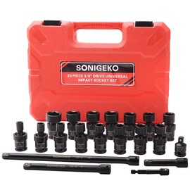 SONIGEKO 3/8" Drive Impact Swivel Socket Set, 20 Piece Swivel Socket Set, Metric Universal Joint Socket 6-Point, with Extension Bars, Socket Adapter, Drill Bit Adapter(Swivel Socket set, 3/8",20pcs)