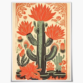 Arte de pared mexicano clásico clásico con cactus verde vegetal colorido del suroeste, lona rosa y naranja, póster floral rústico, arte del desierto, impresión botánica de 8 x 10 pulgadas, sin marco