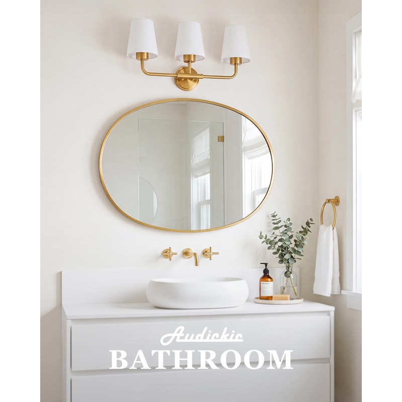 Audickic Brushed Gold Bathroom Light Fixtures with White Fabric Shades