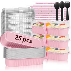 25 Pack Mini Loaf Pans with Lids and Spoons Sealing Sticker, 6.8oz Mini Cake Pans for Baking, Disposable Aluminum Foil Loaf Pans, Pink Loaf Baking Pans, Small Cake Containers With Lids