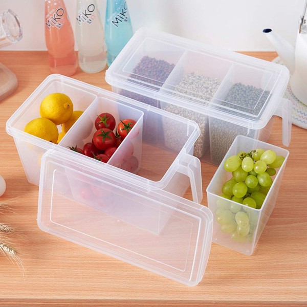 MineSign Plastic Divided Veggie Storage Containers with Lids and Handles for Fridge Storage Organizer Boxes for Refrigerator Produce Beans Fruits Organzation(Set of 2 Organizers with Lid and 6 Removable Bins)