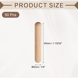 sourcing map Wooden Dowel Pins 1/4"x 1-19/32" (6mm x 40mm) Straight Dowel Rods Wood Fluted Dowels Rods for Crafts Furniture DIY Hardwood Count 50