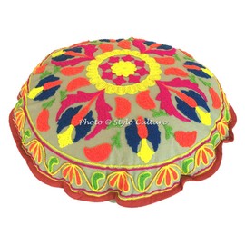 Stylo Culture Ethnic Decorative Round Floor Seat Cushion 45 x 45 cm Small Bean Bag Cushion Traditional Multicoloured Boho Sujani Embroidered Living Room Cotton Flowers Floor Cushion Patio