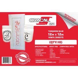 (10) 12" x 12" Sheets - Oracal 651 Turquoise Blue Adhesive Craft Vinyl for Cricut, Silhouette, Cameo, Craft Cutters, Printers, and Decals - Gloss Finish and Outdoor and Permanent