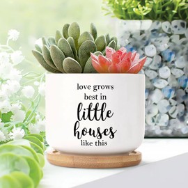 DecStic Love Grows Best in Little Houses Like This Ceramic Planters Bible Verse Planters for Indoor Plants with Drainage Holes and Saucers Pot for Succulents Cactus Garden Windowsill