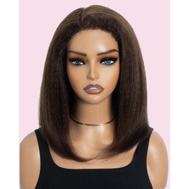 Style Icon Short Kinky Straight Bob Human Hair Wig 4C Kinky Curly Edges Hairline Wear and Go Glueless Bob Wig for Women 14 Inch Dark Brown Pre Plucked Pre Cut Deep C Lace Part