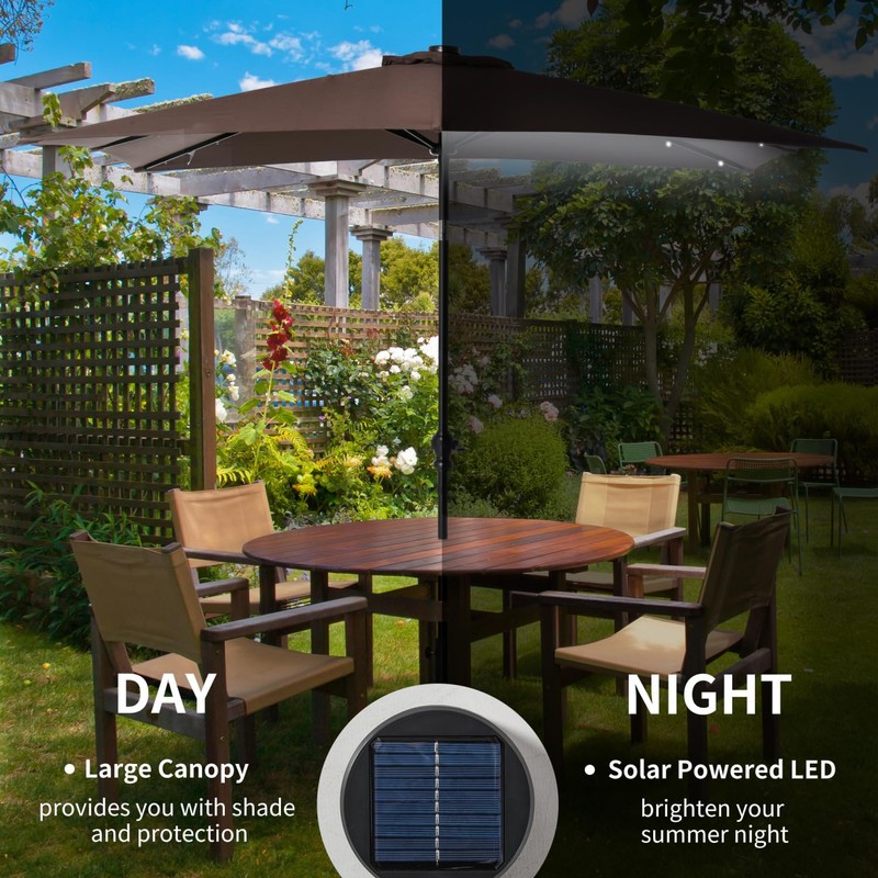 9'x7' Solar Powered Patio Umbrella with LED Lights