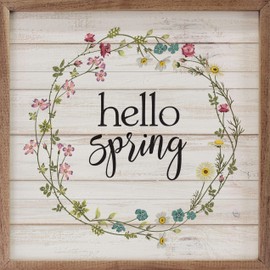 Kendrick Home Hello Spring Decor - Floral Wreath Whitewash Hardwood Sign Wall Art with Walnut Frame, Round Spring Flower Wreaths Decorations for Party, Home, or Office, Farmhouse Decoration, 16" x 16"