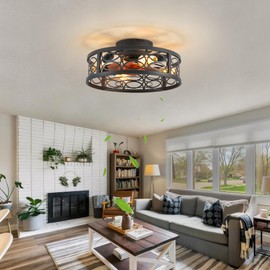 HUEOCZW 20" Caged Ceiling Fan with Light and Remote，Bladeless Ceiling Fan 6 Speed Reversible with 4 Bulbs and Remote Control.Low Profile Ceiling Fans with Lights for Bedroom, Dining Room