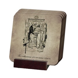 Jane Austen Book Illustration Drawings Coaster Set - Cork Back Coasters (Set of 4, Holder Included)