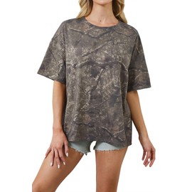 calbatic Camo Print Oversized T Shirts for Women Short Sleeve Graphic Print Crew Neck Baggy Shirts Cute Tunic Tee Tops Black Brown