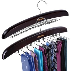 Ohuhu Tie Rack Hanger Closet Organizer, Wooden Walnut 24 Hook Tie Holder for Closet, 360 Degree Rotating Tie and Belt Organizer for Neckties Belts Scarves Tank Tops Accessories , 2 Pack