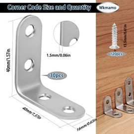 Wkmamo 30 Pcs Right Angle Brackets, 40 x 40mm 90 Degree Corner Braces Set,Stainless Steel L Shaped Brackets with Screws for Furniture Fixations