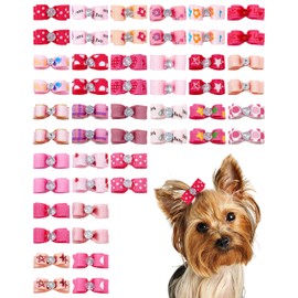 PET SHOW 50 Pack Mini Pink Dog Hair Bows with Rubber Bands for Small Dogs Girl Female Ribbon Rhinestone Assorted Dog Puppy Yorkie Grooming Tiny Topknot Red Hair Accessories