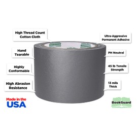 BookGuard 3 inch Premium Bookbinding Repair Cloth Tape, 15 Yard Roll, Gray