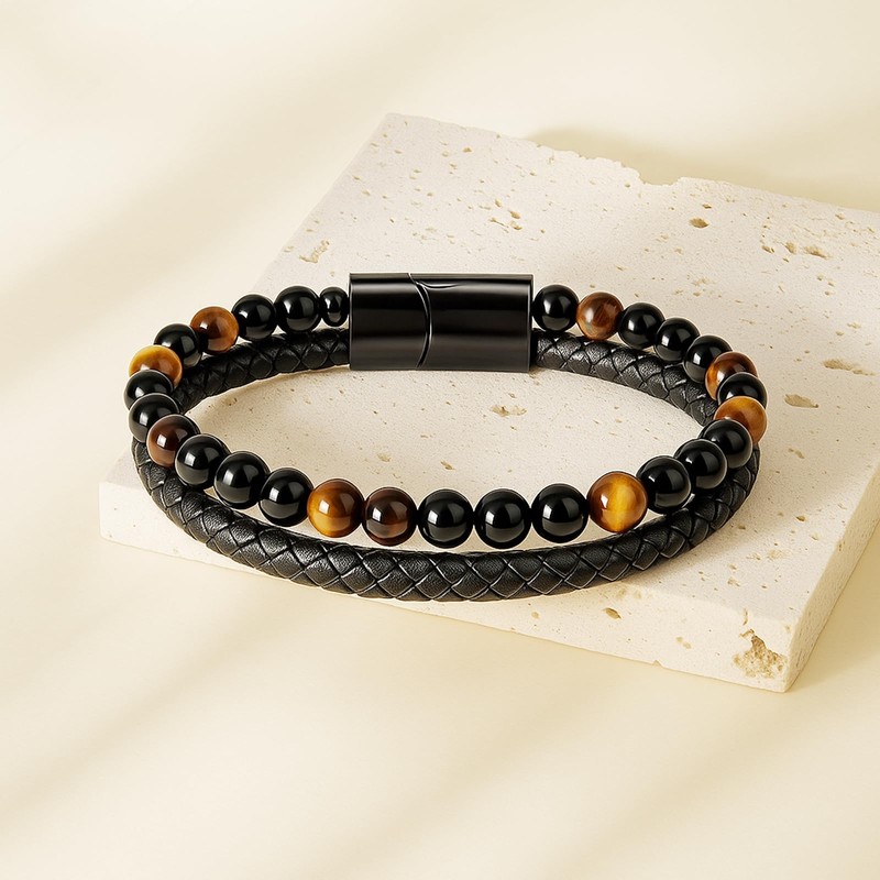 Adorashine Men's Braided Leather Bracelet, 8.3inch Black Braided Leather Stainless