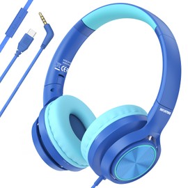 INFURTURE CH5 USB C/3.5mm Kids Headphones with Mic for Children Boys Girls, Line Control,Volume Limit 94dB, On Ear/Wired Headphones for School, Travel, for Cellphones, Tablets, PC, Kindle（Blue）