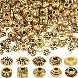 SUNNYCLUE 1 Box 250Pcs 10 Styles Gold Spacer Beads Bulk Metal Flower Beads Tibetan Alloy Antique Golden Tube Flat Rondelle Small Loose Beads for jewellery Making Bracelet Necklace Earrings DIY Crafts