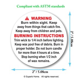 Superb Home 100 pcs 2 inch ASTM Compliant Candle Warning Labels Stickers Waterproof Scratchproof Perfect Size Fire Safety Big Text Soy Wax Making Supplies Package Jars Tins Containers