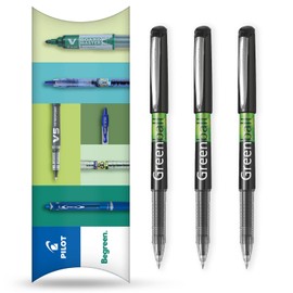 Pilot GreenBall Liquid Ink Rollerball Pen - Begreen Range 89% Recycled - Pack of 3 Pens - Medium 0.7mm Nib - Ideal for Writing, School, Home, Revision, Office. (Black)