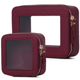 LOFOWN Clear Makeup Bag Set Travel Cosmetic Bag and Toiletry Bag Women's Purse Pouch Cosmetic Stroage Organizer Case with Zipper Car Essentials (Burgundy, M+Mini)
