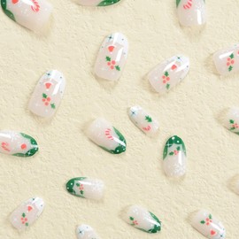 Christmas Pink Press on Nails Short Oval Almond YEFIUO Xmas French Fake Nails Press ons Nail Art Tip Full Cover Acrylic Glossy False Nail Glue on Nails with Candy Cane Fruit Snowflake Design for Women