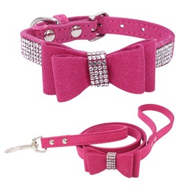 Small Dog Collar and Leash Set with Rhinestone Bow Knot Crystal Diamond Bling Girl Puppy Cat Collars Rose XS