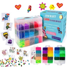 25,000 pcs Fuse Beads Kit 26 Colors 5MM, Including 127 Patterns, 4 Big Square, 1 Heart Pegboards, 1 Flower Ironing Paper, Tweezers, Beads Compatible by INSCRAFT