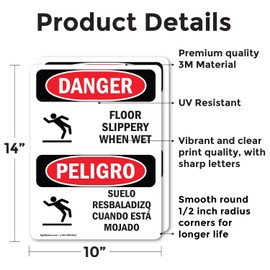 (2 Pack) Floor Slippery When Wet Bilingual OSHA Danger Sign 10 Inch X 14 Inch Vinyl Label Decal Sticker Weather Resistant, UV Protected for Workplace, Business, and Construction Site, Made in the USA