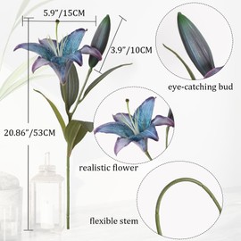 Libeking Blue Silk Fake Lilies 6PCS Vintage Blue Lily Artificial Flowers Fake Flowers Floral Arrangements Wedding Bouquet Party Decor