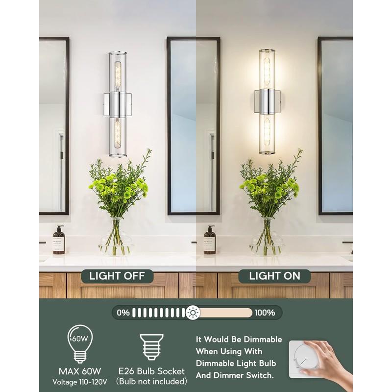 METWET Bathroom Vanity Light Fixtures, Chrome Wall Lights in Clear