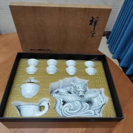 Scizorito Chinese Gongfu Tea Set Gift Box, Pure Hand Firing, Chinese Dragon Shape, Suitable for Office, Home, Gift (White Dragon)