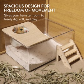 Navaris Hamster Sand Box - Transparent & Easy to Clean - Includes Sturdy Wood Lid and Stairs - Sand Bath and Digging Box Cage Accessory - Accessories for Syrian and Dwarf Hamsters