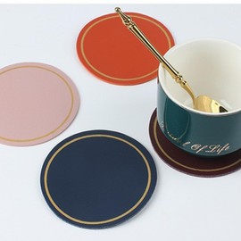 8 PCS Light Brown Leather Coasters, 10cm Gold Edge Round Leather Coasters, Heat Resistant Table Protector