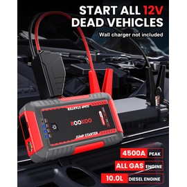 BOOKOO Jump Starter,4500 A Peak Car Battery Jump Starter for All Gas & 10 L Diesel Engine, 74Wh | 12V Battery Charger Backup with PD2.0,Dual USB,Jumper Cables, 3 Light Modes for Emergency Use