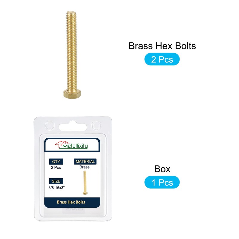 METALLIXITY Hex Head Screw Bolt (3/8-16x3") 2Pcs, Brass Fully Threaded