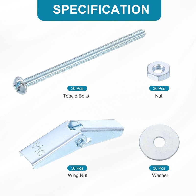 sourcing map Toggle Bolt Wing Nut Assortment Kit, 30 Sets