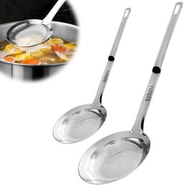 2PCS Stainless Steel Fine Mesh Strainer,Fat Skimmer Spoon Fine Mesh,2 Sizes Long Handle Kitchen Skimmer Strainers，Fine Mesh Sieve For Cooking, Frying, Pasta, Egg, Foam