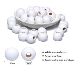 20mm White Wood Beads, Wooden Macrame Beads Large Hole, 50pcs Wooden Loose Beads for Macrame Craft/Garlands/Home Decoration (8mm Hole)