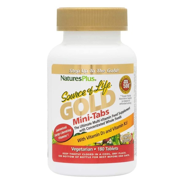 NaturesPlus Source of Life Gold Multivitamin - 180 Mini-Tabs - with Vitamins D3, B12 & K2 - Blood, Bone & Immune Support - Vegetarian & Gluten Free - 30 Servings