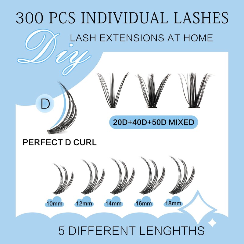 KevKev Lash Extension Kit 300Pcs Individual Lashes Kit Lash Clusters
