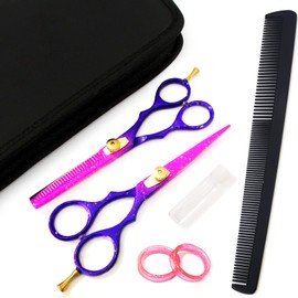 YNR Professional Hairdressing Scissors Set (5.5 Inch) Hair Cutting Scissor & Thinning Scissor Comb with Case Pink Purple– Perfect for Men, Women, Children, and Adults