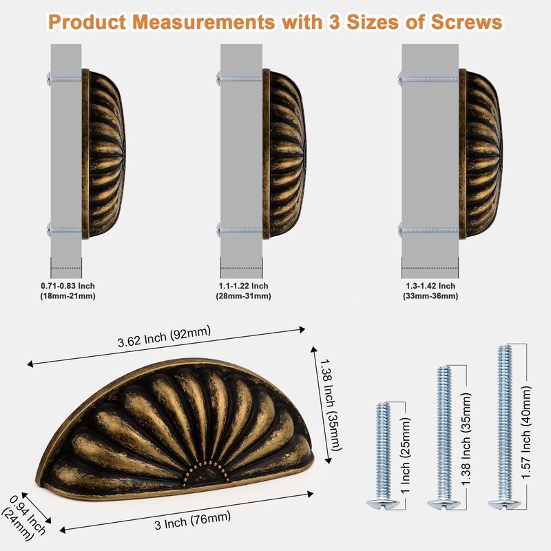 Probrico 10 Pack Antique Brass Cabinet Cup Pulls 3 Inch(76mm)