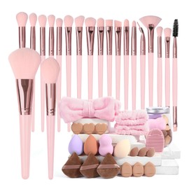 MAANGE 40 Piece Brochas para Maquillaje Profesional con 16 Esponjas 3 Diadema para Cabello y Huevo Limpiador Set de Brochas de Maquillaje Multifuncional Kabuki Sintético Rubor Polvo Base(Rosa)