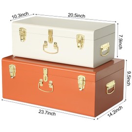 Vixdonos Decorative Large Metal Box Storage Trunk Chest Set of 2 College Dorm Organizer with Hardware Hasps and Handle for Home Deocr,23.7X14.2X9.5 Inches(Beige and Orange)