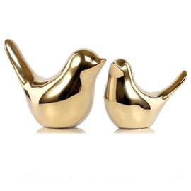 RIKONDA Modern Gold Bird Figurines Set - Handcrafted Ceramic-Resin Decorative Statues for Living Room, Office & Shelf Displays (12x9cm, 200g,2PCS)