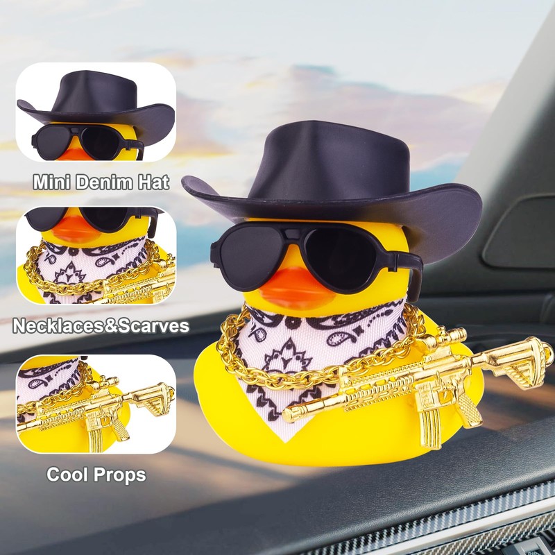 CoFuBcad Car Rubber Duck, Yellow Duck Dashboard Decoration with Cowboy