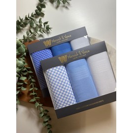 Warwick & Vance Pack Of 3 Mens/Gentlemens Check & Dyed Handkerchiefs, Blue & White With Satin Stripe Borders, 100% Cotton, 40 x 40cm