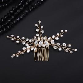 Teyglen Gold Crystal Bridal Hair Comb Rhinestone Wedding Hair Comb with Pearl Bride Hair Accessories Bridal Side Comb Crystal Hair Piece for Women Girls (Gold)